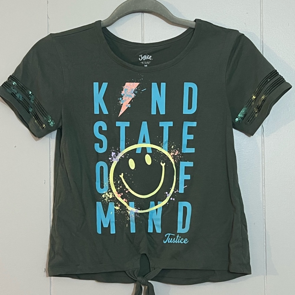 Justice Kids Dark Gray Graphic Tee with Blue and Yellow Accents